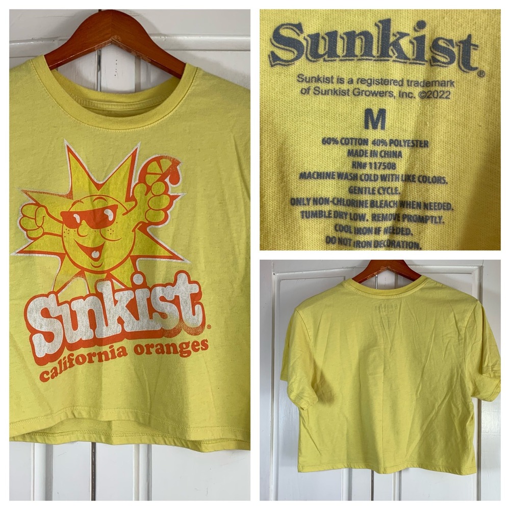 Sunkist California Oranges Yellow Graphic Crop Top T-Shirt Womens Medium Retro